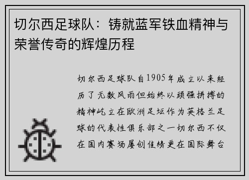 切尔西足球队：铸就蓝军铁血精神与荣誉传奇的辉煌历程