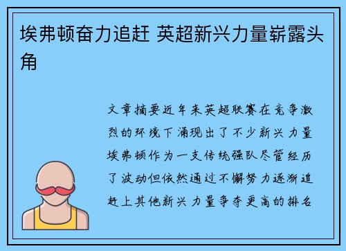 埃弗顿奋力追赶 英超新兴力量崭露头角