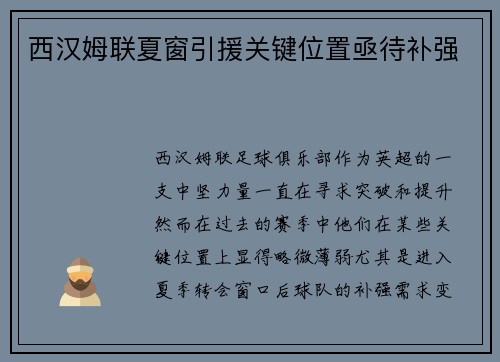 西汉姆联夏窗引援关键位置亟待补强